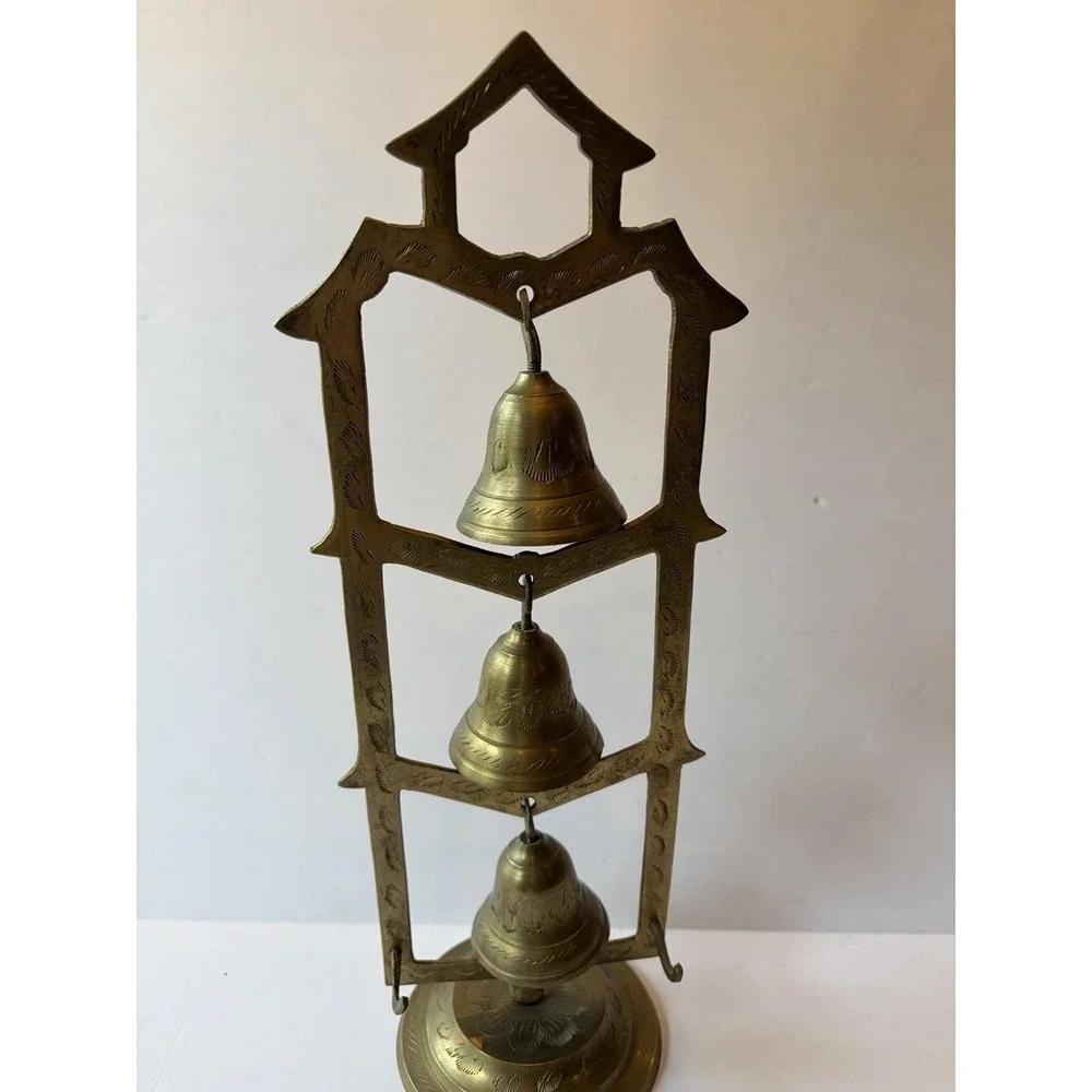 Vintage Brass Bell Tree 3 Etched Bells Stand Striker India Meditation Boho